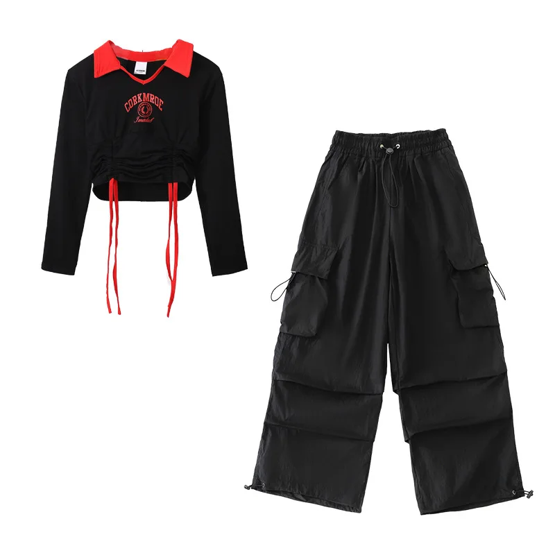 طفل الهيب هوب الملابس السوداء الرباط المحاصيل الأعلى كم طويل تي شيرت عادية واسعة البضائع السراويل لفتاة ملابس رقص الجاز الملابس #5