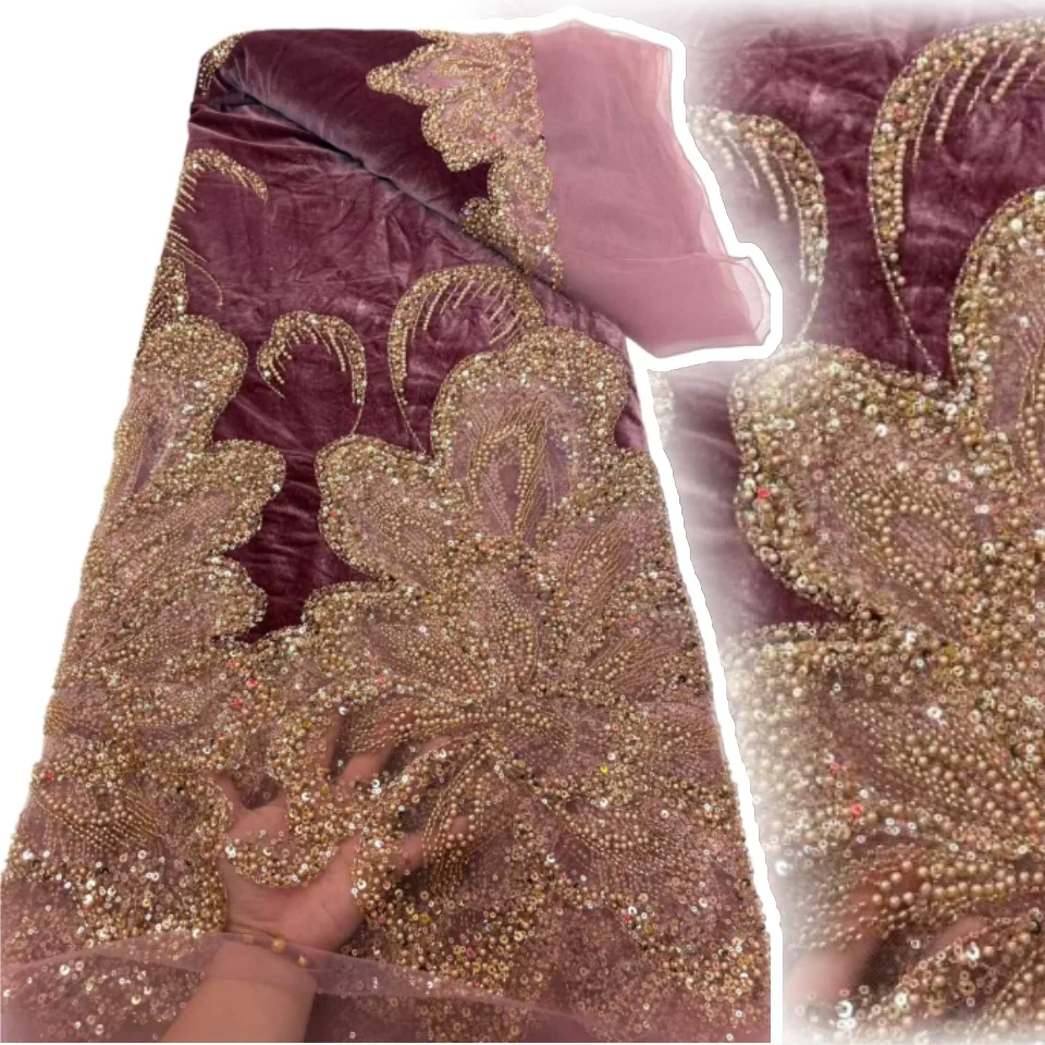 

2025 черная африканская нигерийская бархатная кружевная ткань, высококачественная кружевная ткань с камнями и бусинами для шитья, ткань для свадебной вечеринки TP1569