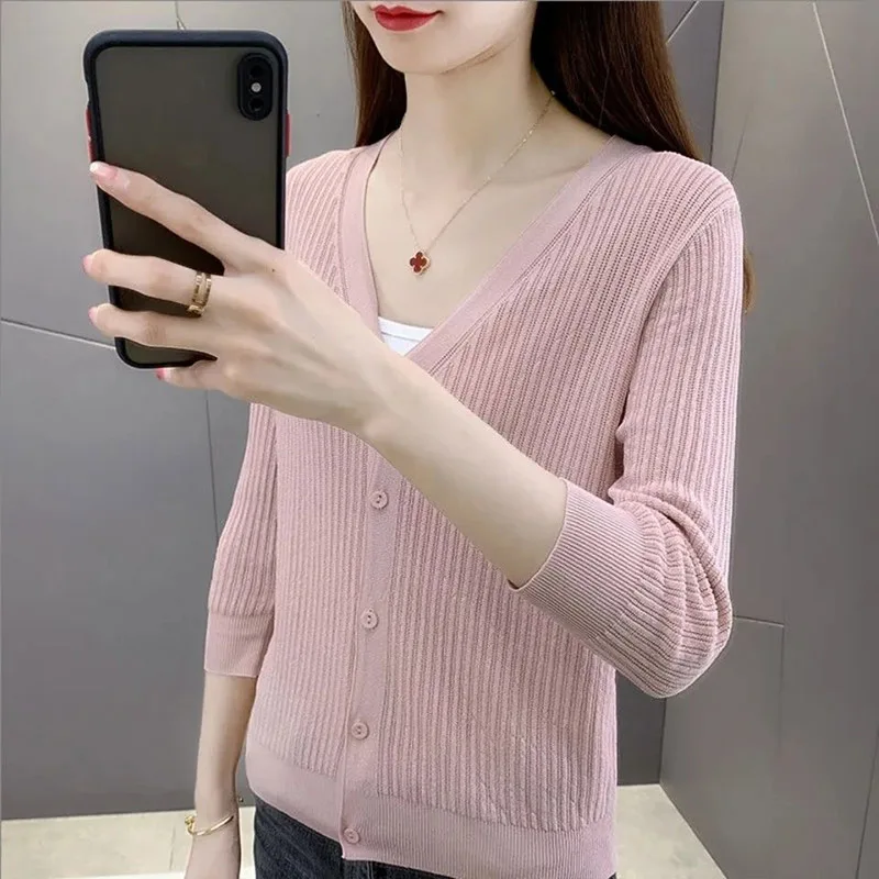 Women Clothing Fashion Solid Single Breasted Long Sleeve Cardigan Summer Casual Loose Thin V-neck Sunscreen Shirt Top 40-90Kg