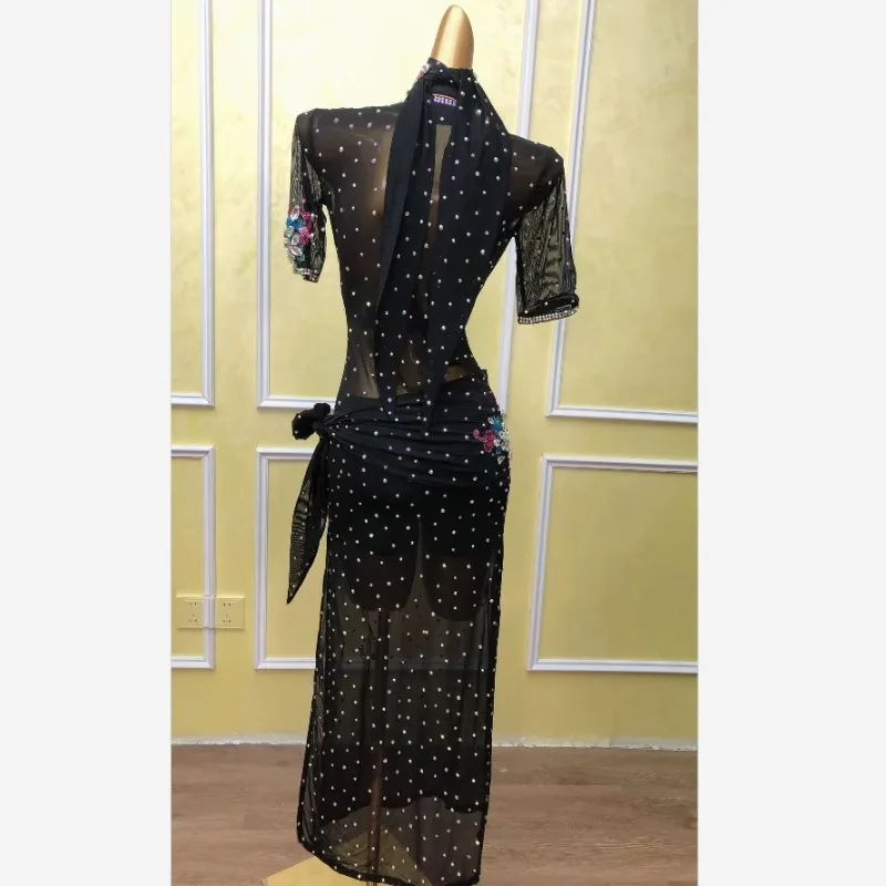 Personalizado novo traje de dança do ventre malha preta quente diamante desempenho vestido disfraces adultos dança exótica