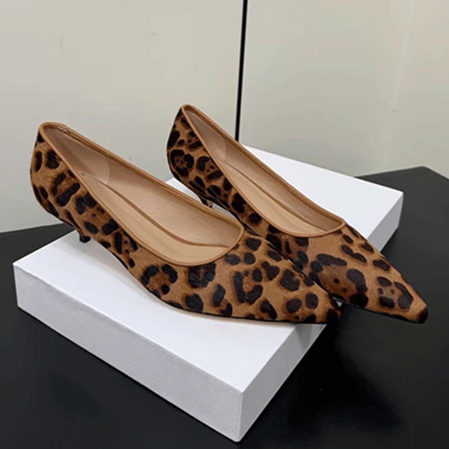 Dave&di Summer Women's Shoes French Retro Pointed Loafers Elegant Leopard Print Leather High Heels Woman Shoes Shoes For Woman