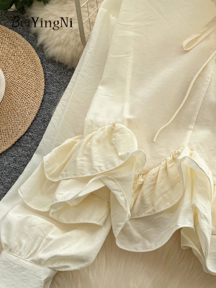 Beiyingni Camicette da donna coreane di moda Chic manica lunga con lacci Top femminile Albero commestibile Fungo Casual Increspature irregolari Blusas