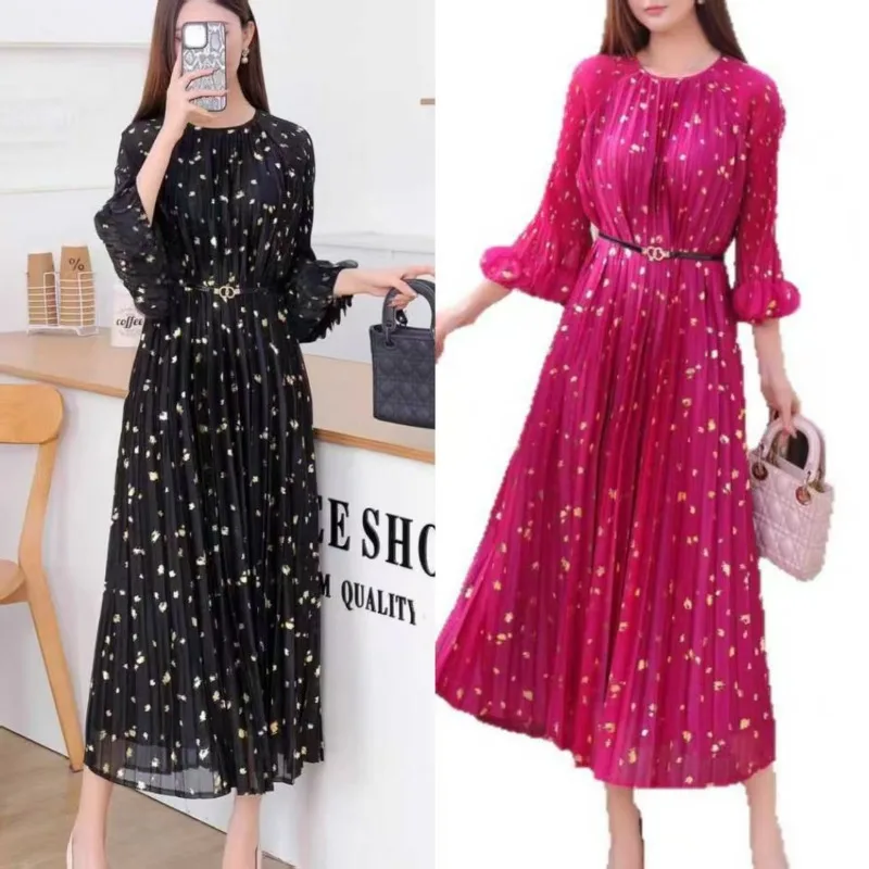 

Miyake Плиссированное платье Вечернее платье 2025 Горячее золото Платье больших размеров Осенняя мода Свободная плиссированная талия Темперамент Элегантная длинная юбка