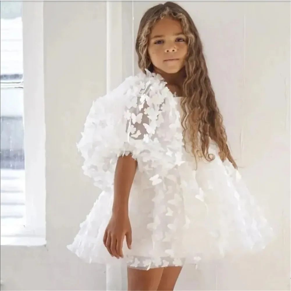 

Elegant Flower Girl Wedding Dress Princess Appliques Butterfly Puff Sleeve Child Pageant Party Birthday Gown Baby Clothes