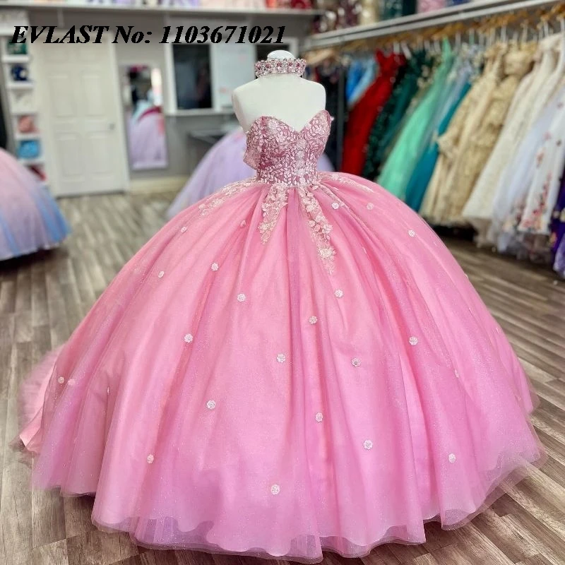 EVLAST-Vestido Quinceanera Rosa Brilhante, Vestido De Baile, Lace Applique, Beading Cristal, Espartilho Mexicano, Sweet 16, SQ208, 15 Anos