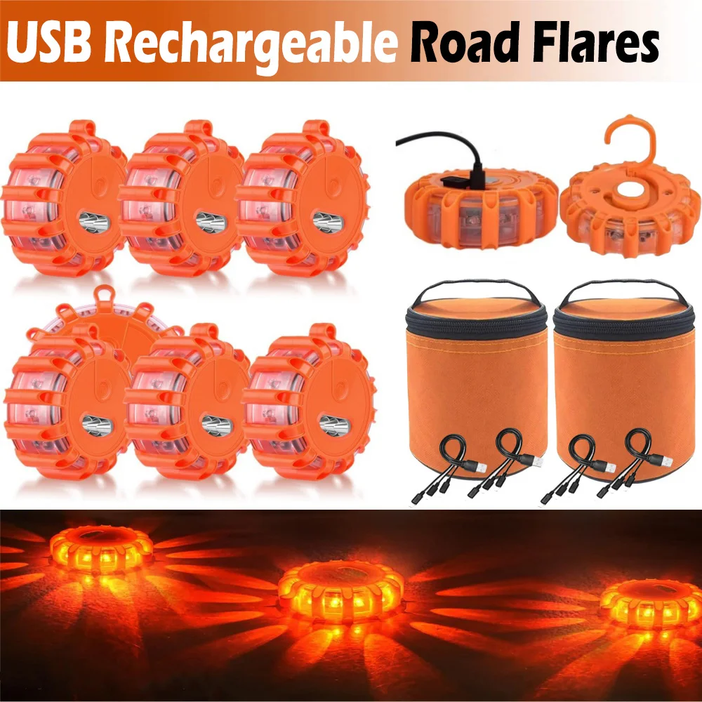 Usb Oplaadbare Led Road Fakkels Noodverlichting, Knipperende Waarschuwing Flare Kit Met Magnetische Basis, Haken Om Op Te Hangen En Draagtas