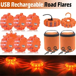 USB Rechargeable LED Road Flares Emergency Lights，Flashing Warning Flare Kit with Magnetic Base, Hooks to Hang & Carrying Bag