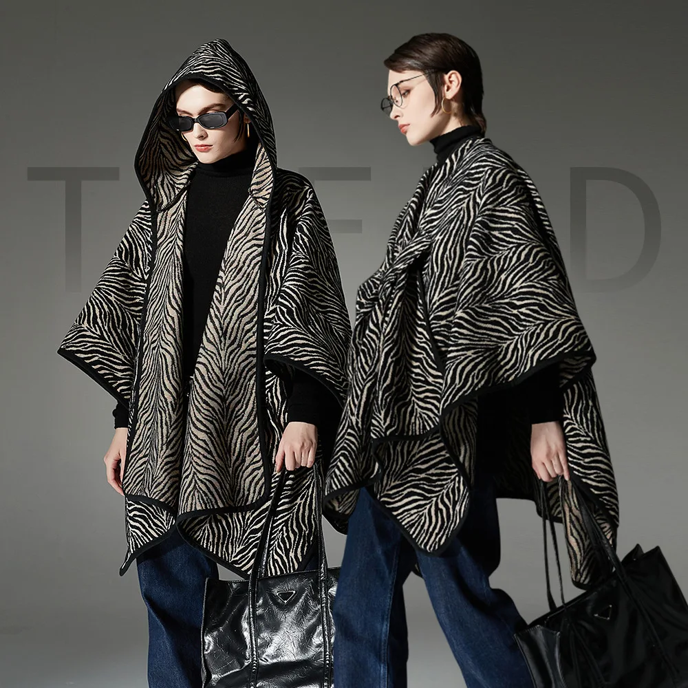 4 Style 2024 Winter Women Long Faux Cashmere Fur Collar Poncho Cape Thick Cardigan Overcoat Zebra Pattern Loose Shawl Cloak