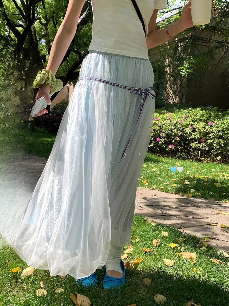 

Синяя тюлевая юбка Sinbounboun Mis с поясом-бантом, средней длины, А-силуэт, пышная, для женщин, с высокой талией, для повседневной носки