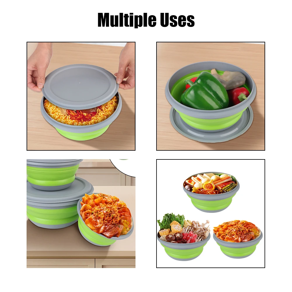 

Silicone Folding Bowls Foldable Fruit Salad Bowl with Lid Bowl Sets Foldable Lunch Box Portable Picnic Camping Bowl Set 3 Pieces