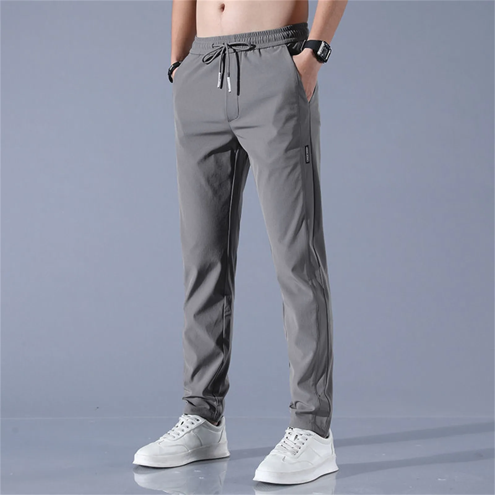 Ice Silk Men\'s Pants 2024 Summer New Black Gray Thin Business Casual Pants Outdoor Elastic Breathable Straight Leg Sweatpants