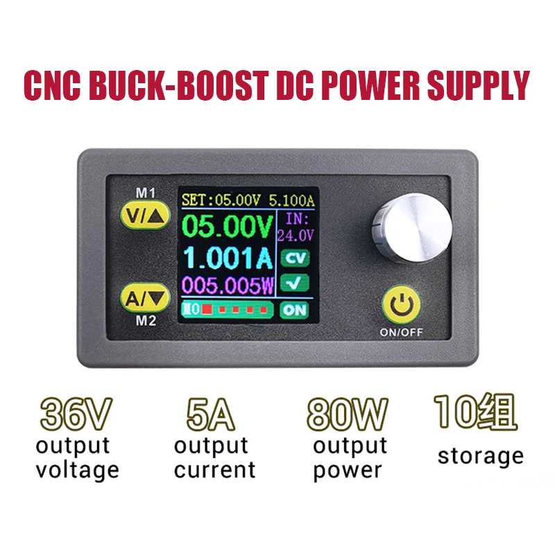 

Модуль преобразователя постоянного тока CNC Buck-Boost 80 Вт, 0-36 В, 5 А, с RGB LCD-дисплеем, постоянным током и постоянным напряжением WZ3605E