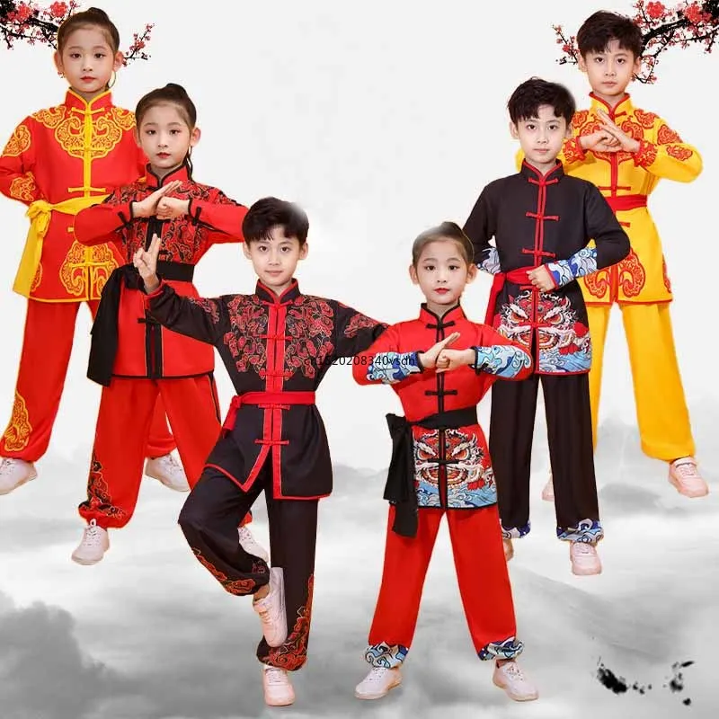 Uniformes à imprimé dragon pour enfants, vêtements Wushu, olympiques de performance Kung Fu, tenues d'art martial traditionnel chinois, adultes et enfants