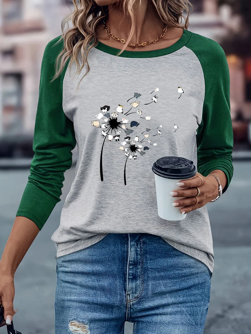 Kawaii Blatt mit Katzen-Print Lässiges Langarm-T-Shirt Lustiges Winter-Herbst-Grafik-Langarm-Komfort-T-Shirt für Damen – Detail 4