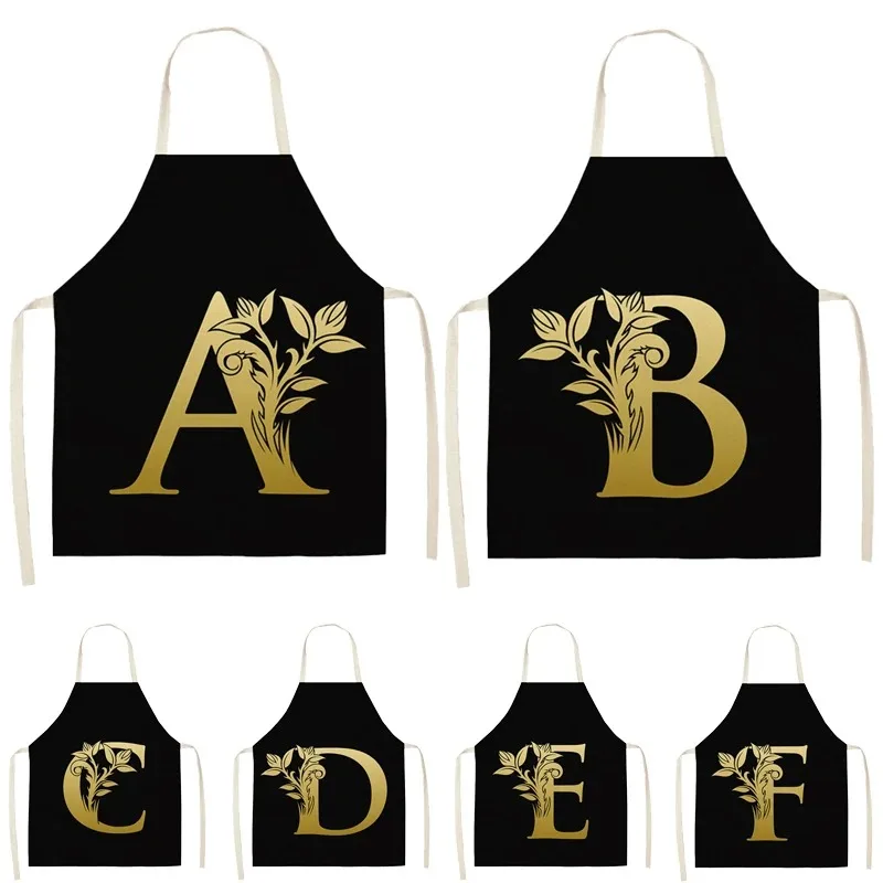 Gold letter pattern apron 55*68 cm home cleaning men's and women's sleeveless linen apron kitchen cooking bib