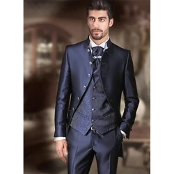 Traje Formal azul marino para hombre, traje de boda de 3 piezas, chaqueta, pantalones, chaleco, Jacquard, ajustado, Conjunto personalizado para novio