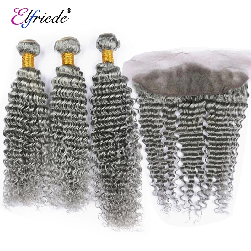 Elfriede-Mèches Deep Wave colorées avec Frmetals, cheveux pré-épilés, 100% cheveux humains, tissage avec dentelle 13x4, gris #, 3 lots