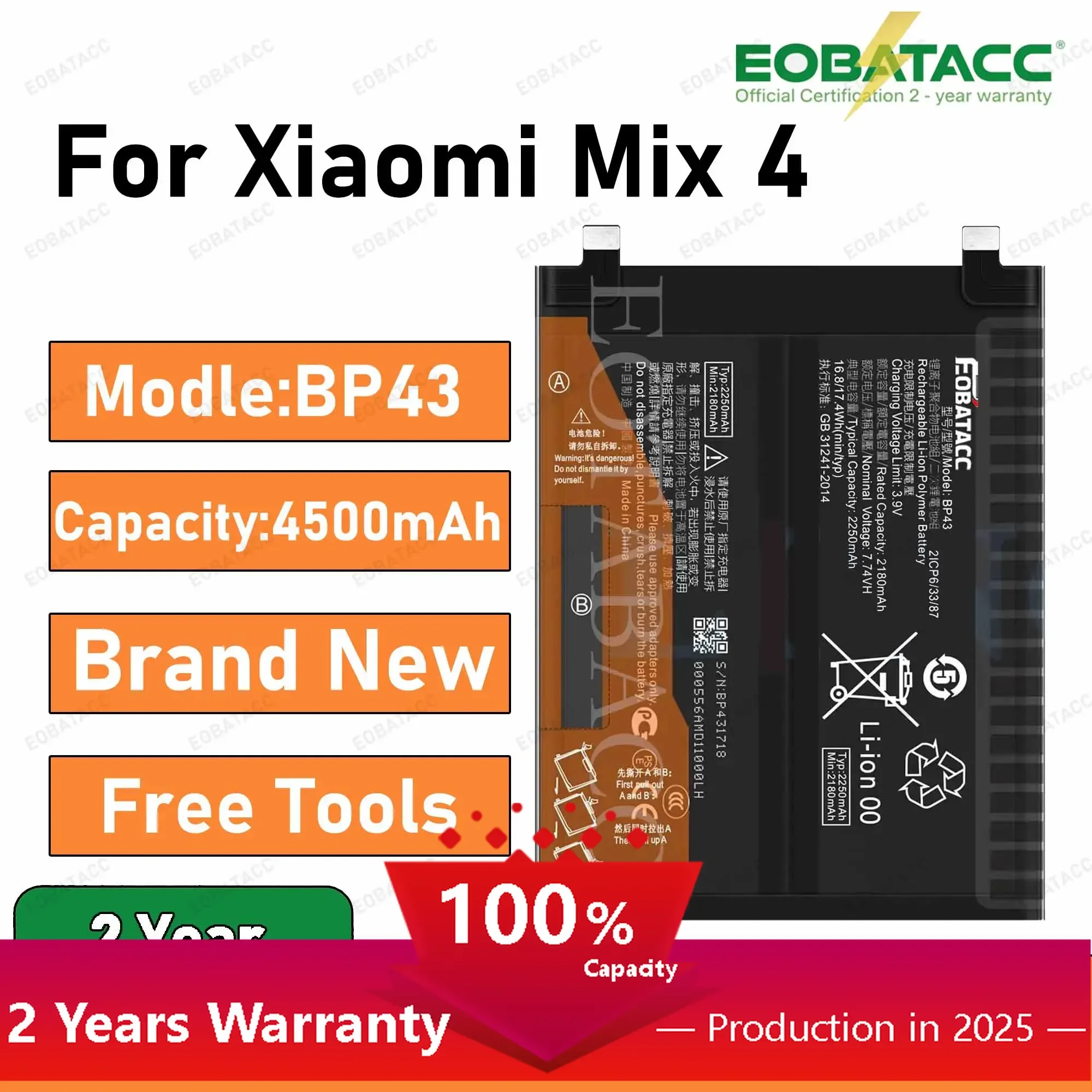 

2025 Years EOBATACC 100% New Xiao Mi BP43 4500mAh Replacement Battery For Xiaomi Mix 4 Mix4 Mobile Phone Batteries Bateria+ Free