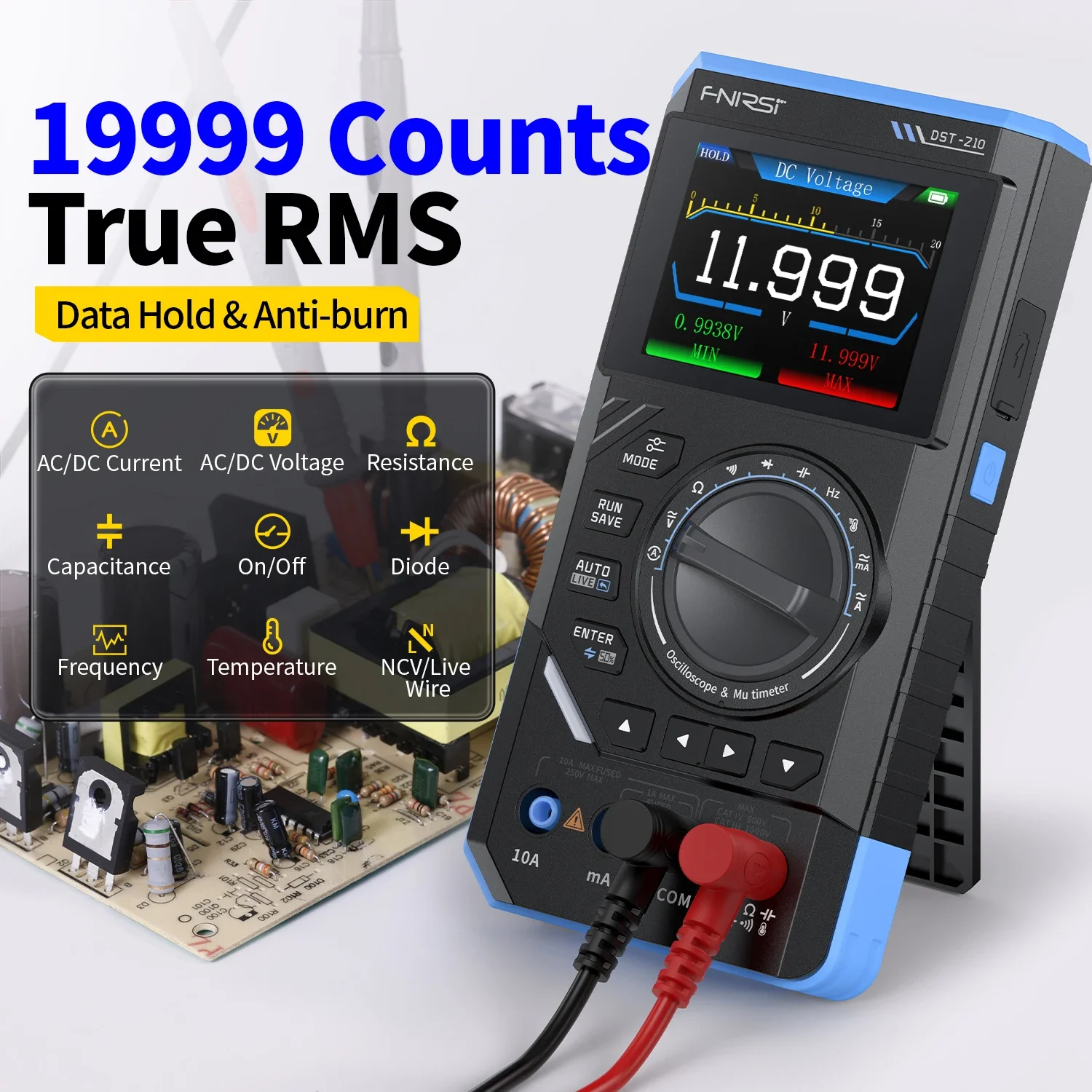 

FNIRSI DST-210 3-in-1 Digital Oscilloscope Multimeter 19999 Counts 10MHz 48Msps Portable Automotive Oscilloscope Electrical Tool