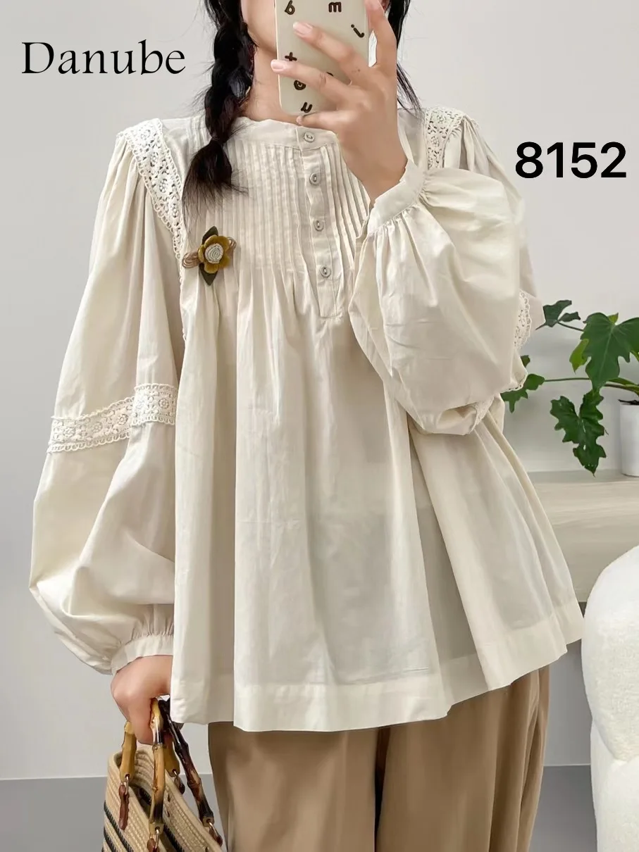 

Японская блузка в стиле Мори, свободная плиссированная блузка в стиле Лолита, женская весенняя повседневная рубашка с круглым вырезом и длинными рукавами из хлопка и льна, элегантный ретро-топ для женщин