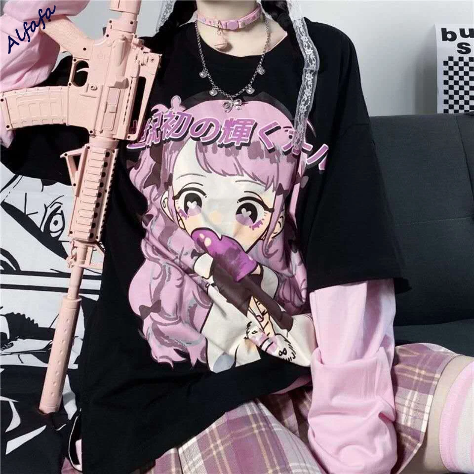 Emo Anime Long Sleeve T-shirt Women Spring Autumn Hip Hop Japanese Loose Top Kawaii Hoodie Sweatshirts E-girl Clothes Aesthetic