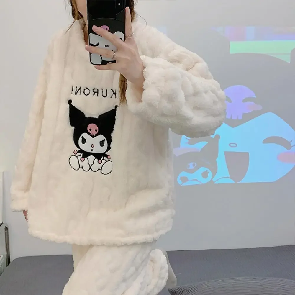 Sanrioed Cartoon 2Pcs Kuromi Pajama Set Kawaii Anime Women Plush Homewear Winter Thicken Long Sleeves Pants Girls Cute Keep Warm