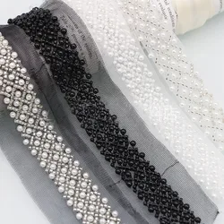 1Yard Sewing Beaded Lace Trimming Embroidery Pearl Mesh Lace Ribbon for Headwear Dress Clothes Decoration Beads on Lace