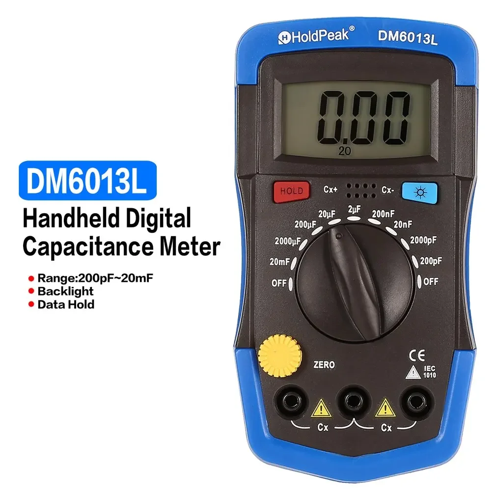 DM6013L con retroiluminación medidor de condensador de capacitancia Digital portátil probador de 1999 recuentos datos 200pF ~ 20mF