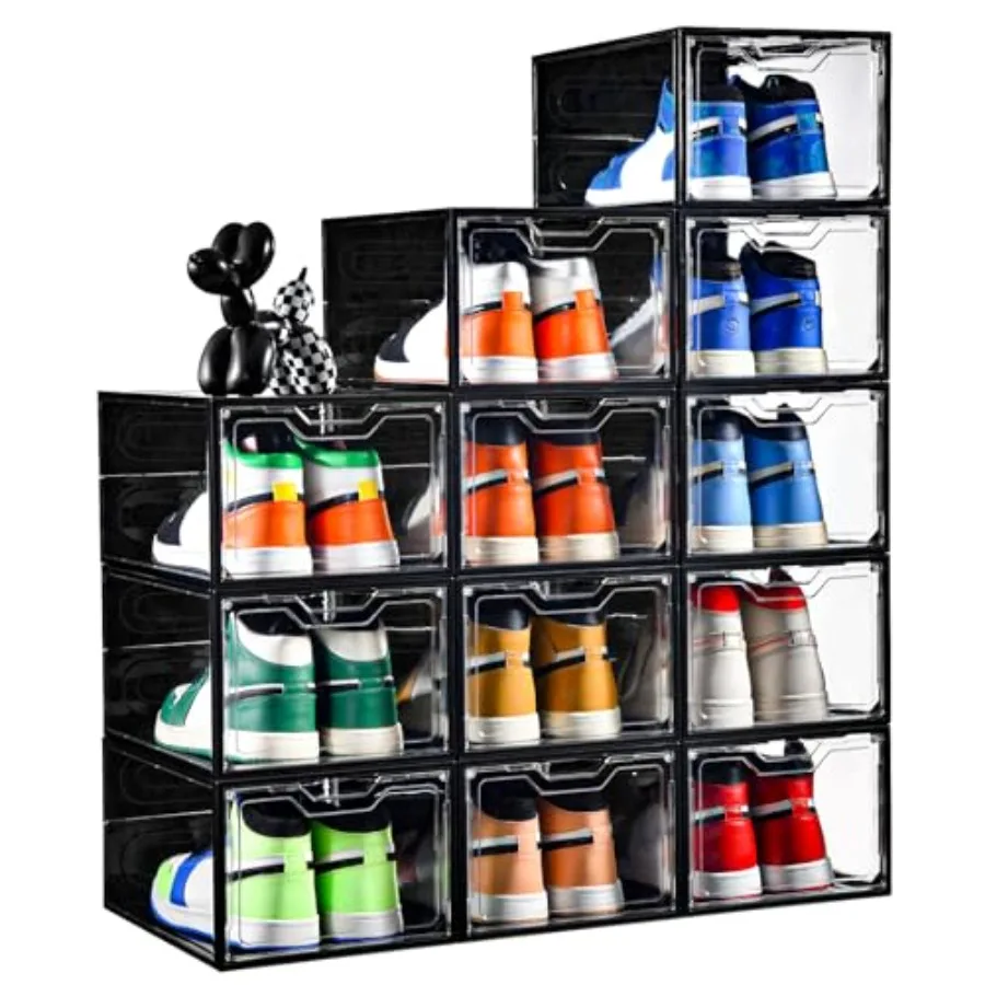 

12 Pack Stackable Shoe Storage Organizer with Magnetic Door Clear Black Plastic Shoe Boxes for Closet Shoe Rack for Sneaker Boo