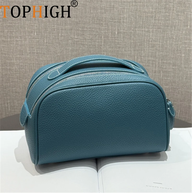 TOPHIGH Premium Top-grain Cowhide travel portable Large Capacity Makeup Bag Genuine Leather Soft Toiletry Bag Luxury Storage bag