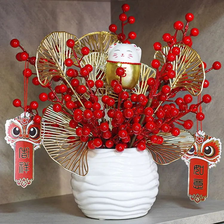 

Chinese Ceramic Vase Red Fortune Fruit Simulation Flower Set Home Livingroom Porch Furnishing Crafts Opening Wedding Decoration