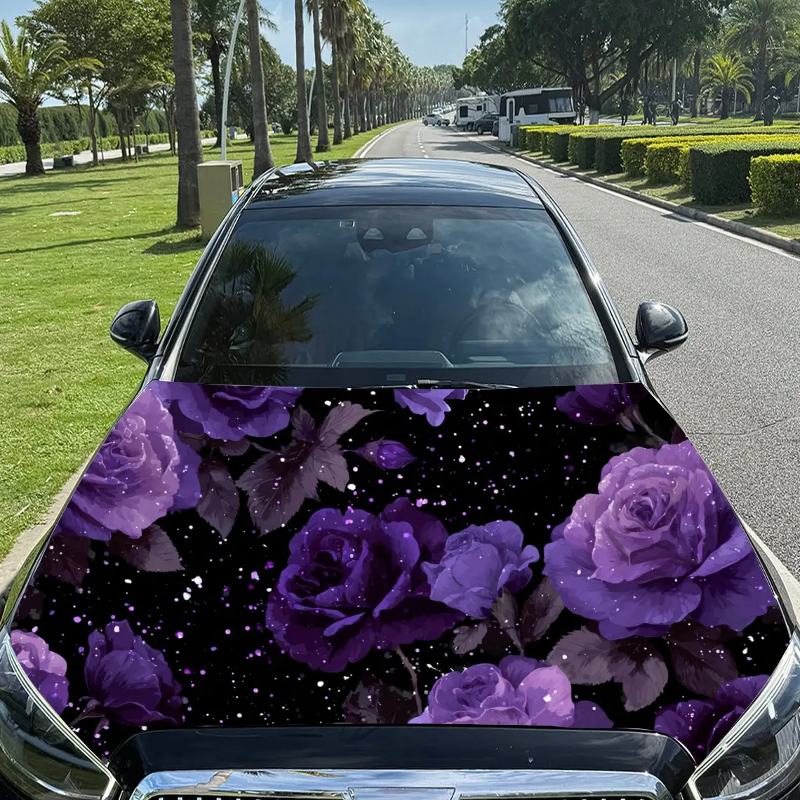 

Car Decal Purple Roses in Artistic Starry Background & Floral-Enchanting Visual Details Car Hood Sticker, Waterproof Self - Adhe