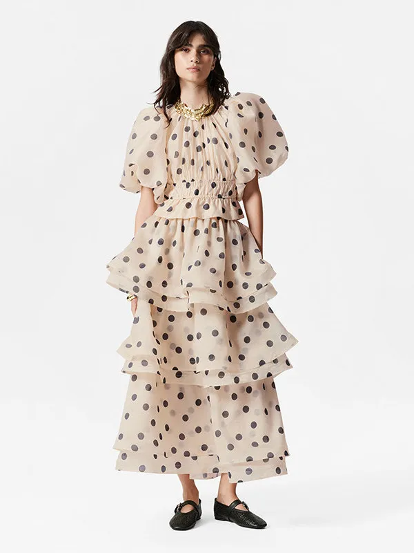 Champagne Gold Polka Dot Bubble Sleeve High Waist Half Skirt Set Women's Fashion Vintage Style Two-Piece Suit Polyester Fiber