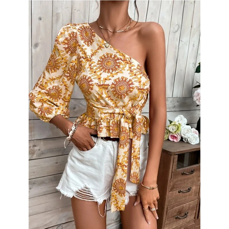 Cross border 2024 New Summer Mandala Printed One Shoulder Lantern Sleeves with ruffled hem, tied shirt and top with straps