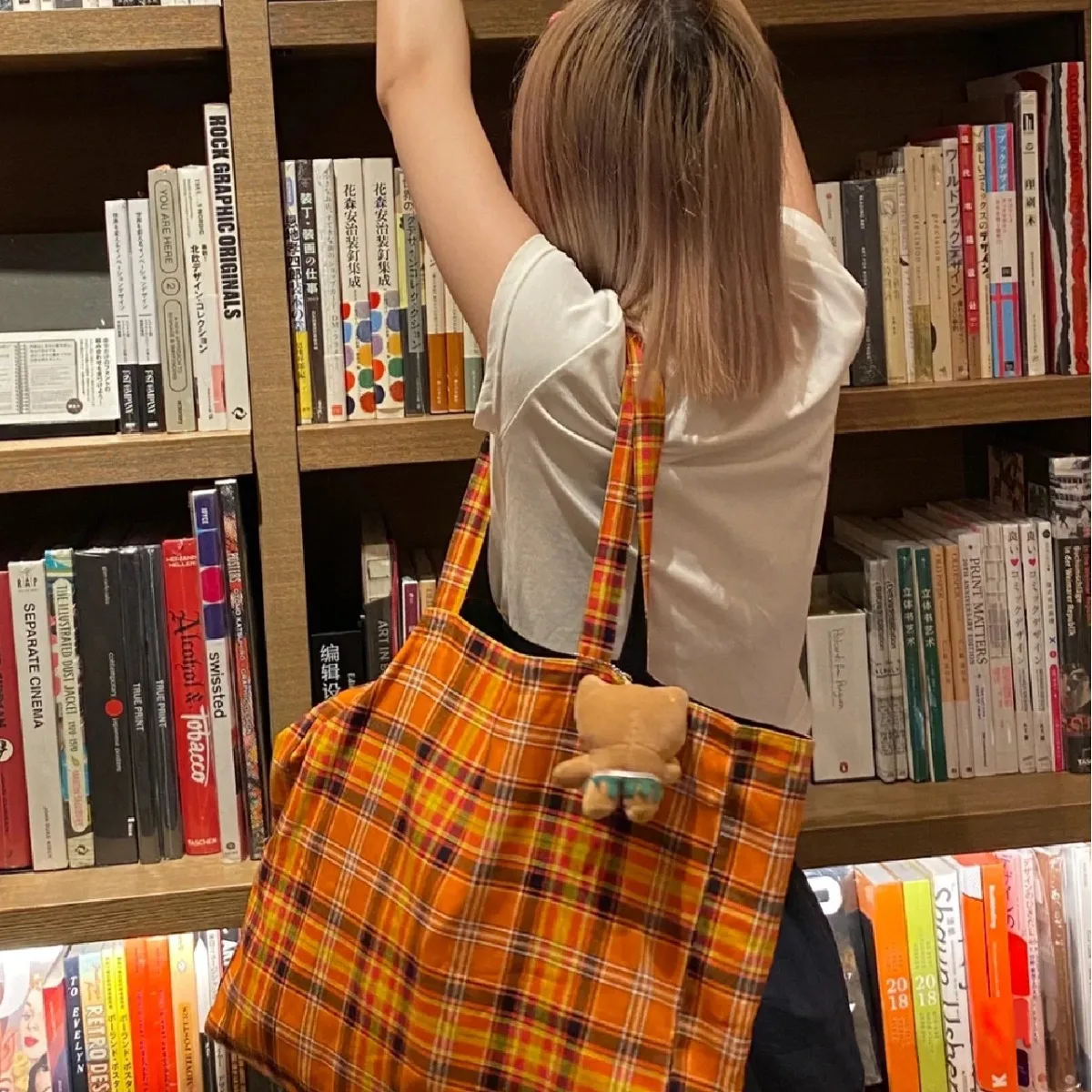 

2025 Orange Checkered Shopping Tote Bag, Portable Underarm Shoulder Purse, Aesthetic Reusable Bag