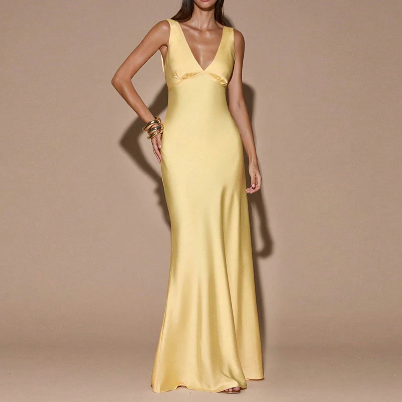 Summer Elegant Backless Evening Party Dress Women Fashion Solid Satin Maxi Dress Sexy Deep V‑Neck Sleeveless Fishtail Long Dress