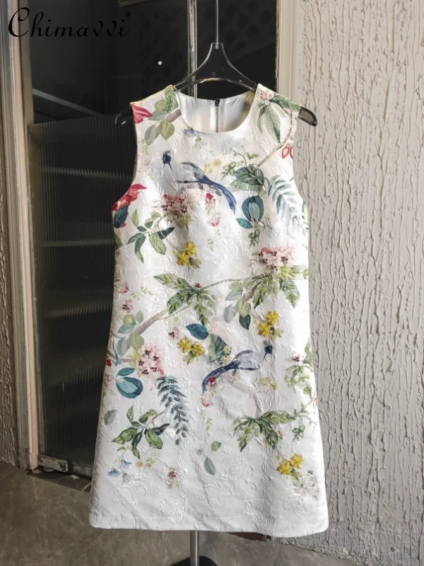 

French Elegant Heavy Industry Bead Diamond Fashion Printing Crew Neck Sleeveless High Waist A-line Short Dress For Women Summer