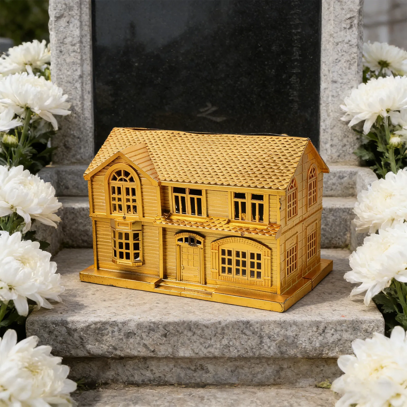 2pcs Luxury Gold Plastic Villa Model - Traditional Chinese Ancestral Worship Supplies for Qingming Festival Memorial Ceremonies