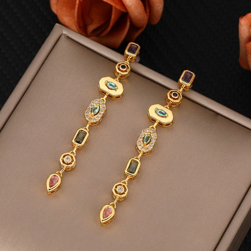 Luxury Colorful Zircon Geometric Fringe Splicing Earrings for Women Gold Color Rhinestone Copper Stud Earrings Party Jewelry
