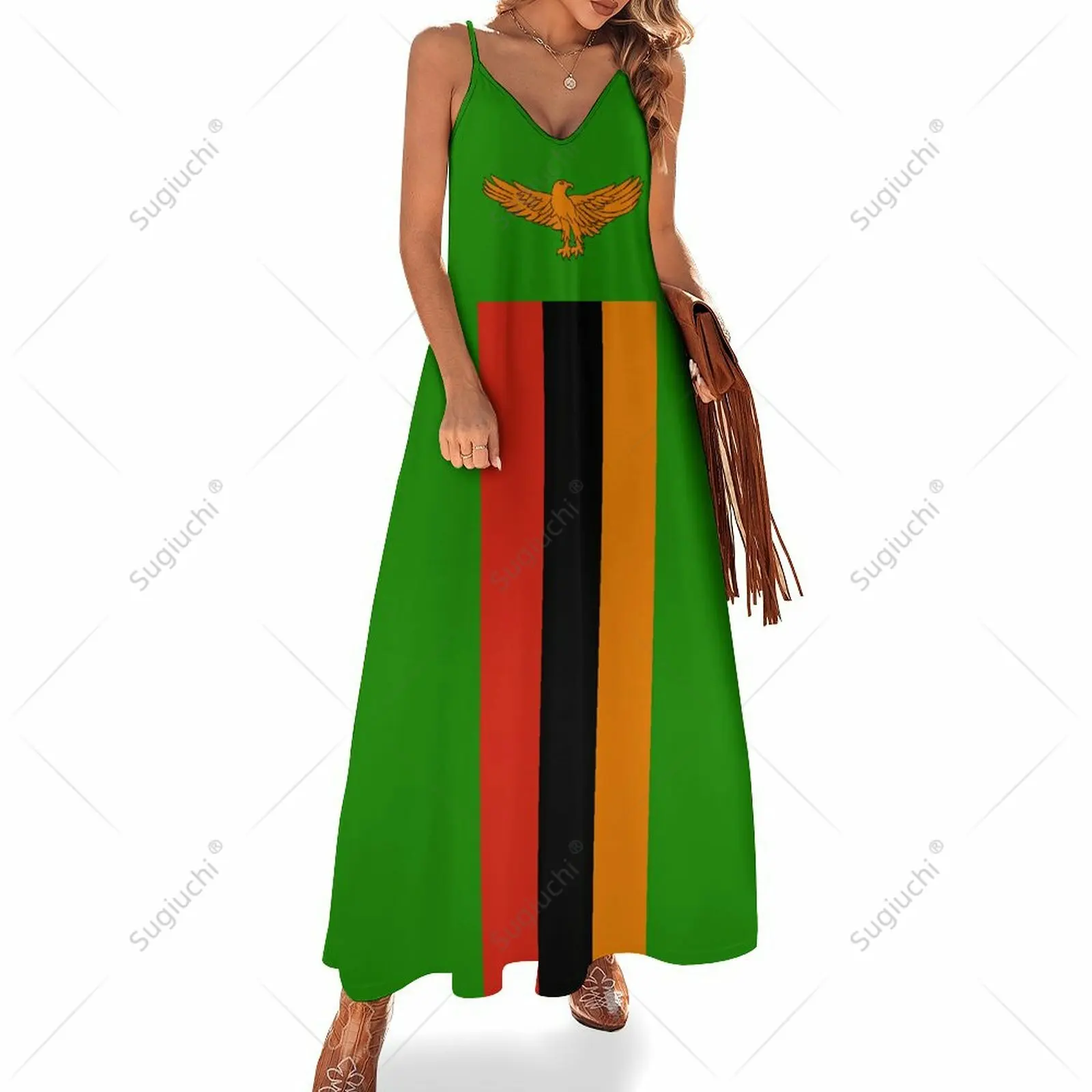 

Long Dresses Dress Zambia Flag Print New Casual Sleeveless Women's V-Neck Printed Dress Swing Retro Dresses