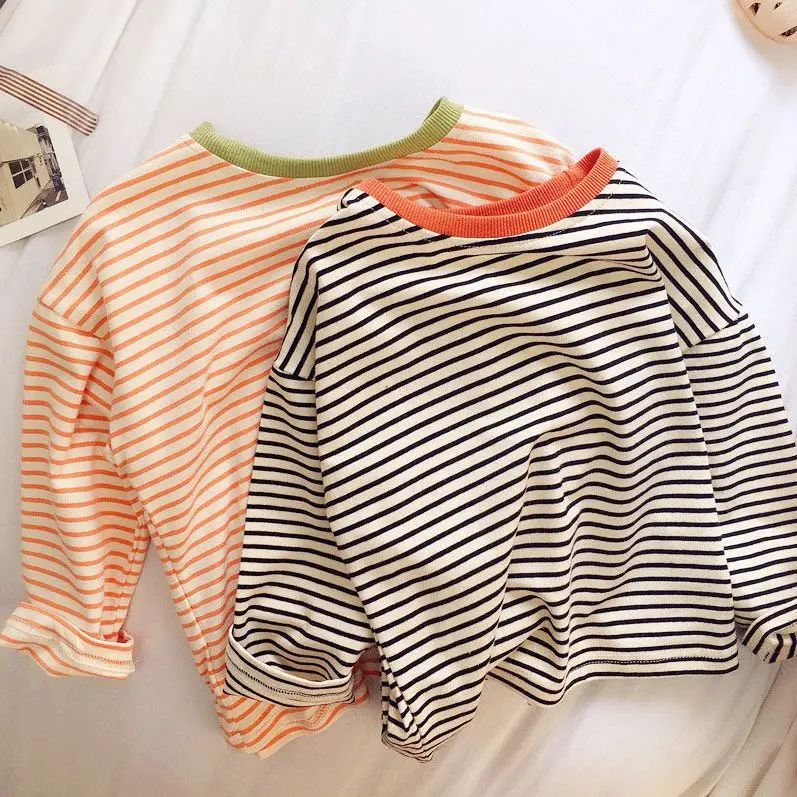 Boys and Girls T-shirt Long Sleeved Children's Base Shirt Spring and Autumn Pure Cotton Casual Versatile Striped Baby Top