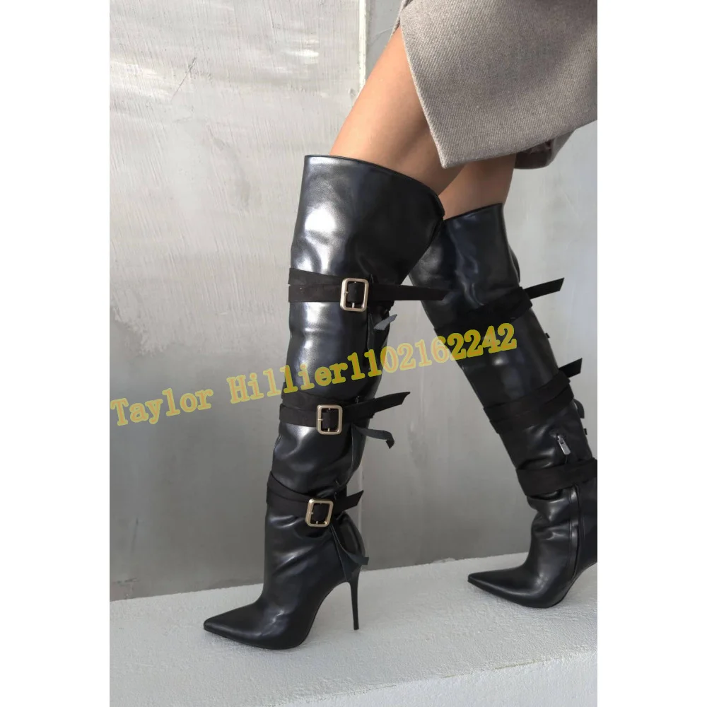 Beige Knee High Boots for Women Pointed Toe Stiletto Heels Suede Look Triple Buckle Straps Side Zipper Autumn Winter Dress Shoes