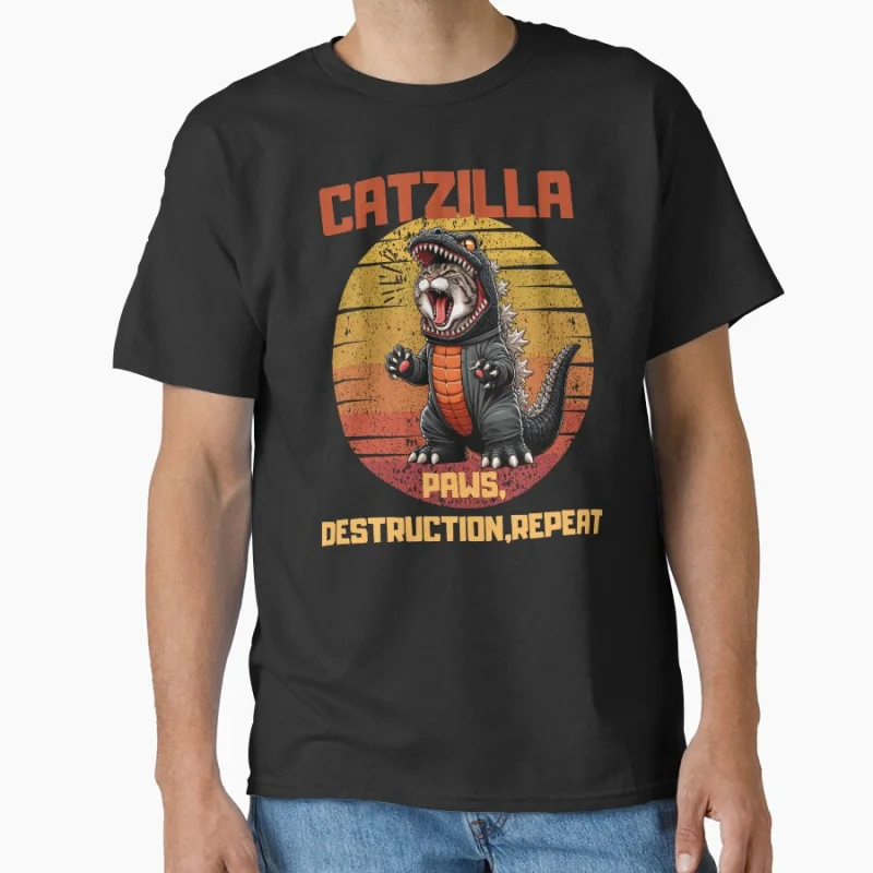 

CATZILLA PAWS, DESTRUCTION, REPEAT funny gift for cat lovers cute kitty Monster Anime movie gift T shirt Large size Tops