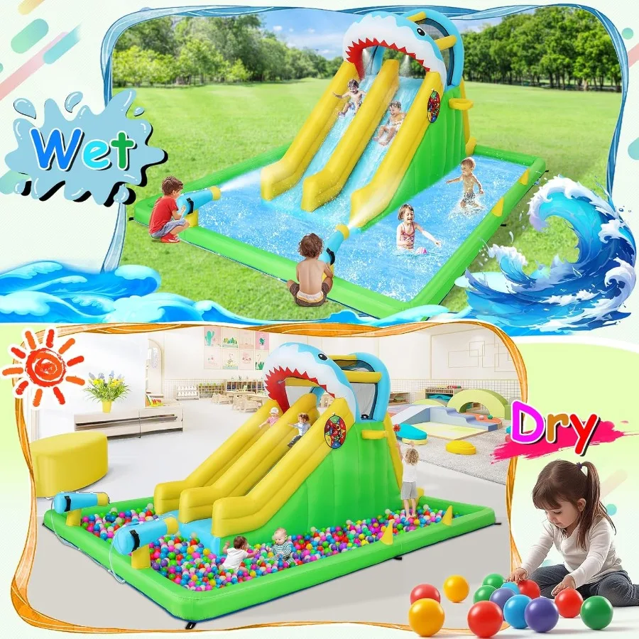Opblaasbaar waterbouncehuis voor 3-12 jaar Shark Attack Fun Zone 8in1 speelset met dubbele waterglijbanen Ballenbak en games Ultima