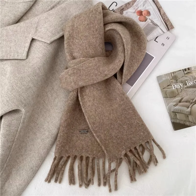 Korean Tassel Neck Warmer Faux Wool Cashmere Solid Beige Small Scarf for Women, Soft Warm Winter Elegant All Match Neck Wrap
