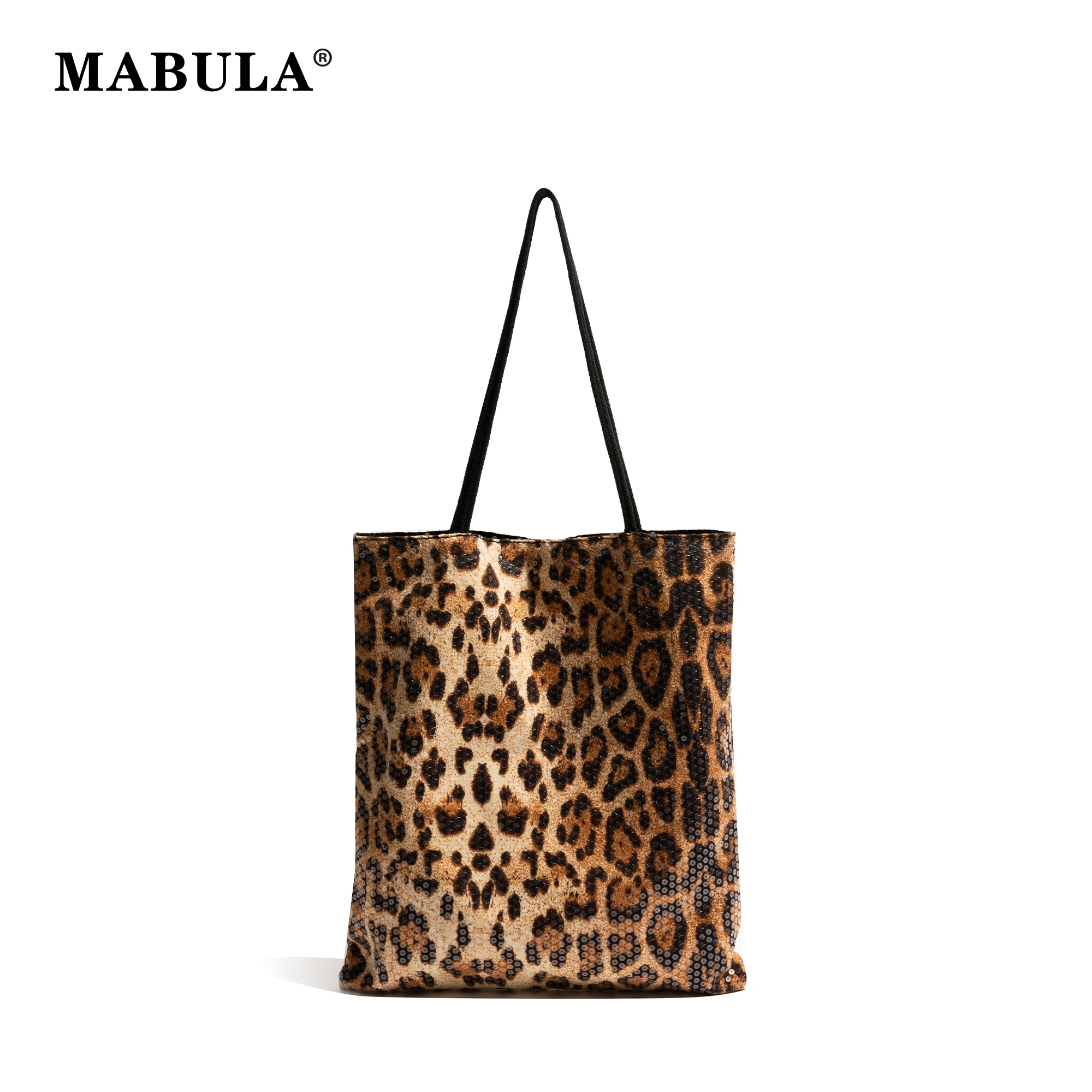 

MABULA Sparkling Leopard Print Bag PU Leather With Sequin Shoulder Shopping Purse Simple Fashion Ladies Shinny Square Handbag