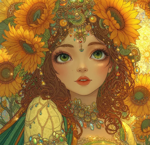 Jigsaw Puzzle 500PCS/1024 PCS Vintage Fantasy Portrait Lass With Sunflowers And Gem Decor Leisure Game Decor Gift