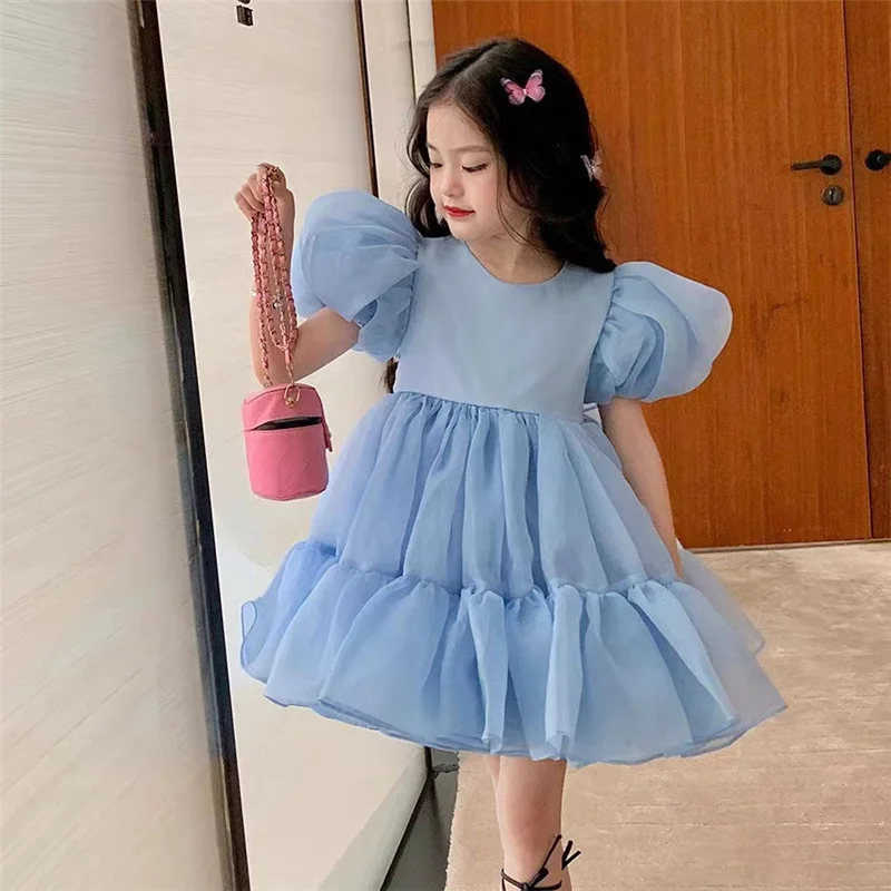 2024 New Girls Princess Tulle Dress Kids Puff Sleeve Mesh Dress Children Birthday Party Ball Gown Dresses Summer Elegant Vestido