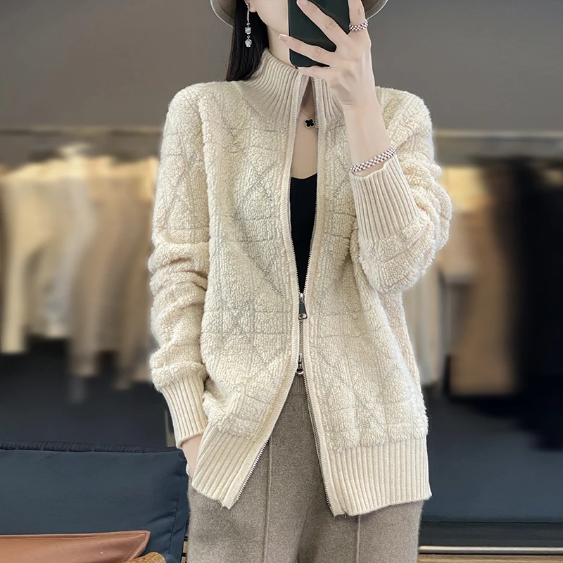 Women\'s 100% Merino Wool Knitting Sweater Standing Collar Fleece Cardigan Autumn/Winter Casual Loose Top Cashmere Zipper Jacket