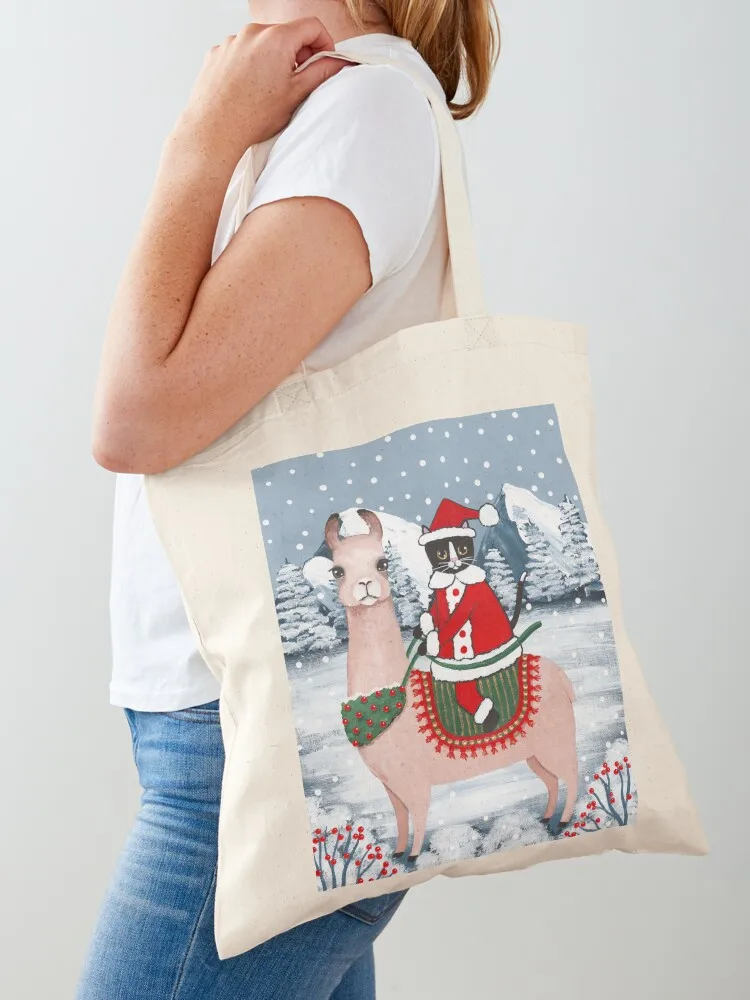 Santa Claws Cat and Llama Tote Bag custom fabric bag shopper bag women